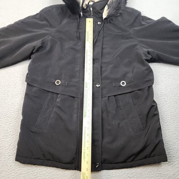 Women's Black Parka Jacket Large Faux Fur Lined Hood Gold Trim Preppy Cozy Layer - Picture 3 of 11